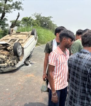 आवारा पशुओ कि चपेट में आई कार